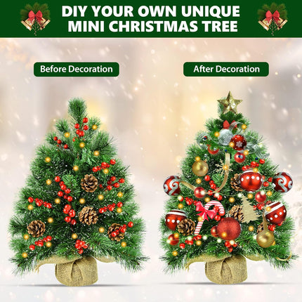 20 Inch Tabletop Mini Christmas Tree Pre-lit Artificial Mini Christmas Tree with Warm LED Lights, Red Berries Pinecone Ornaments for Christmas Home Indoor Decorations