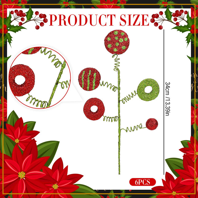 Whaline 6Pcs Christmas Tree Picks Red Green Xmas Candy Lollipop Twig Curly Foam Picks Glitter Novelty Xmas Tree Topper Ornaments for Christmas Holiday Craft Wreath Vase Filler Home Party Supplies