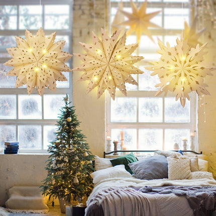 Riakrum 3 Pcs 26 Inch Christmas Snowflake Star Paper Lantern with 3 LED Light Paper Hanging Lamp Party Supplies Hanging Decoration for Xmas Year Winter Weddings Birthday Holiday Party Decoration