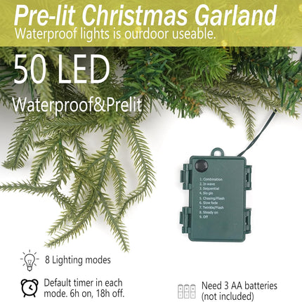 Prelit Christmas Garland 9ft with 50 LED Lights, Battery Opreated Christmas Decor Timer for Mantle Staircase Indoor and Outdoor Prelight Xmas Garland