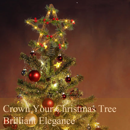 Christmas Tree Topper Lighted, 12" Star Tree Topper with Red Berry and Pine Needle, Battery Operated Christmas Tree Star Topper, Christmas Star Tree Topper with Timing Battery Case