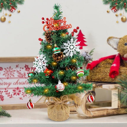 23.6" Mini Christmas Tree Table Top Lighted Artificial Xmas Tree Rustic Burlap Base - Small Tabletop Christmas Tree with Red Berries Stem Snowflake Christmas Ball Ornaments for Xmas DIY Decorations