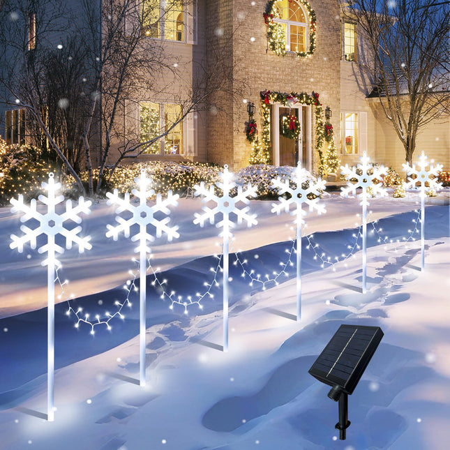6 Pack Solar Snowflake Pathway Lights, Large Solar Christmas Lights Outdoor Waterproof Decorations, Led Snowflake Lights Outdoor with 8 Lighting Modes Walkway Garden Yard Patio Driveway Stake, White