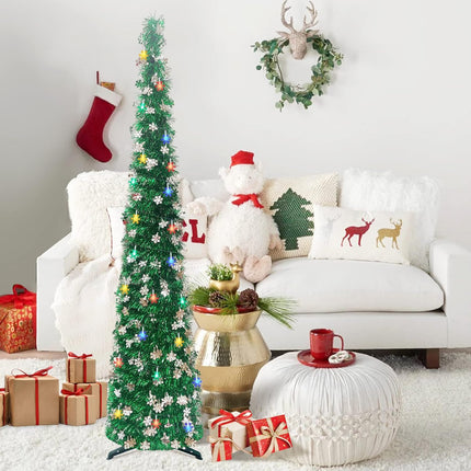 Pop Up Christmas Tree with Lights, 5FT 50LED Pencil Christmas Tree with Silver Snowflake Sequins, Artificial Green Tinsel Skinny Christmas Tree Collapsible Tree for Indoor, Party, Xmas, Home Decor