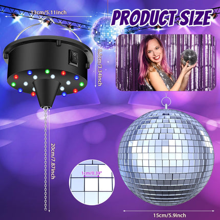 10 RPM Disco Ball with Motor and Mirror Ball — Plug/Battery Powered Disco Ball Light with 4 Color Lights,18 LED Beads and Mirror Ball, Christmas Party, Back to 70s Theme Party Supplies