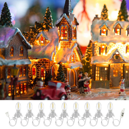 Accessory Cord with 9 LED Light Bulb and Female Plug, 15 Ft Christmas Village Light Cord with Clip, C7 Led Night Lights for Indoor Crafts Halloween Pumpkin Christmas Village House Decor, White Wire