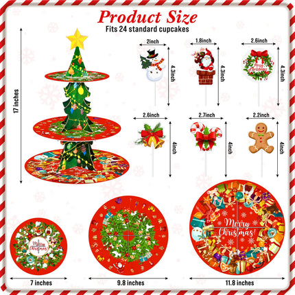 Christmas Cake Stand 3 Tier Christmas Dessert Stand Holder with 24 Pcs Cake Toppers Xmas Cake Tower Tray Cardboard Pastry Serving Tray Stand for Xmas Year Party Decoration Supplies