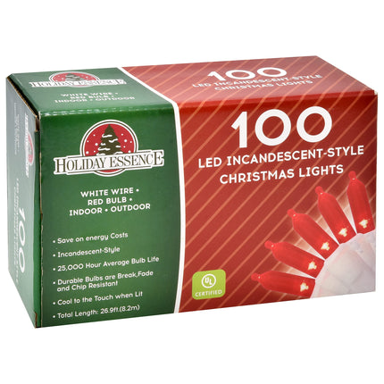 Holiday Essence 100 LED Red Christmas, White Wire 26.9 Feet Long String Lights Set for Outdoor/Indoor Décor, Valentines Day, Wedding, Halloween, Christmas Tree, Lighting Decorations, UL