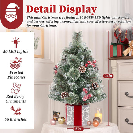 Brightever 2FT Small Christmas Tree, Prelit Mini Christmas Tree with 50 Multi-Color LED Lights, Unique Box Base, Battery Operated Little Xmas Tree for Table Top, Pinecone & Berries Included