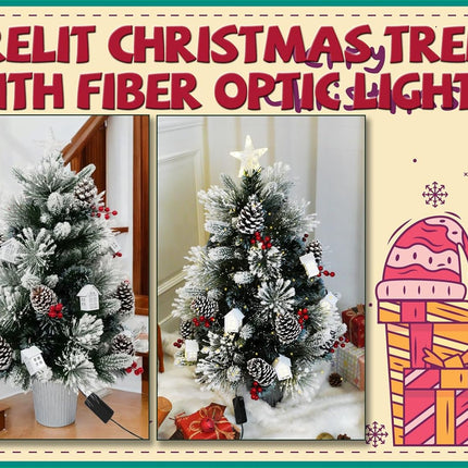 3FT Christmas Tree with 12cm Top Star, Artificial Flocked Fiber Optic Christmas Tree with 60 Mixed Branch Tips & 9White House & 12Red Berry and Big Pinecone String for Indoor Outdoor