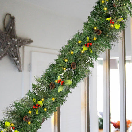Juegoal 9ft Prelit Christmas Garland, Artificial Xmas Greenery Garland with 50 Warm White LED Lights, Battery Operated & Timer, Lighted for Indoor Outdoor Holiday Year Winter Garden Gate Home