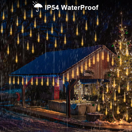 Christmas Meteor Shower Lights Battery Powered, Waterproof 192 LED Icicle Snow Falling Lights with Remote Timer Raindrop Lights for Tree Yard Patio Christmas Party Outdoor Decor(Warm White)