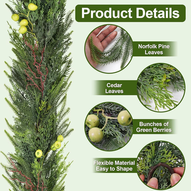 6ft Artificial Norfolk Pine Christmas Garland with Green Berries, Real Touch Winter Greenery Garland Decor for Home, Fireplace, Wall, Porch, Table, Mantle, Indoor Outdoor Decoration