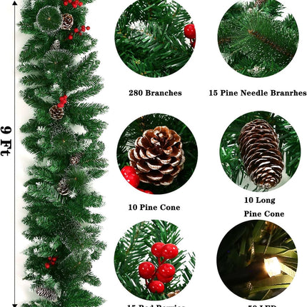 9 Feet Christmas Lighted Garland with 50 Lights, Battery Operated Artificial Snowy Garland Plants with Pine Cone Red Berry Garlands for Indoor Outdoor Home Fireplace Staircase Christmas Decorations