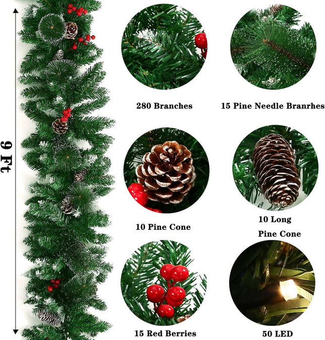 9 Feet Christmas Lighted Garland with 50 Lights, Battery Operated Artificial Snowy Garland Plants with Pine Cone Red Berry Garlands for Indoor Outdoor Home Fireplace Staircase Christmas Decorations