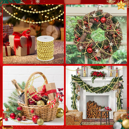 33 Feet Christmas Tree Beads Garland Artificial Pearls Beads Garland Plastic Pearl Strands Chain Beaded Garlands for Holiday Décor and Christmas Party Wedding DIY Decoration Supplies (Gold)