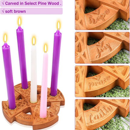 Nitial Advent Candle Holder for Christian Wood Nativity Ring Candle Holder with Metal Celtic Knot for Xmas Candles Centerpiece Decorations Religious