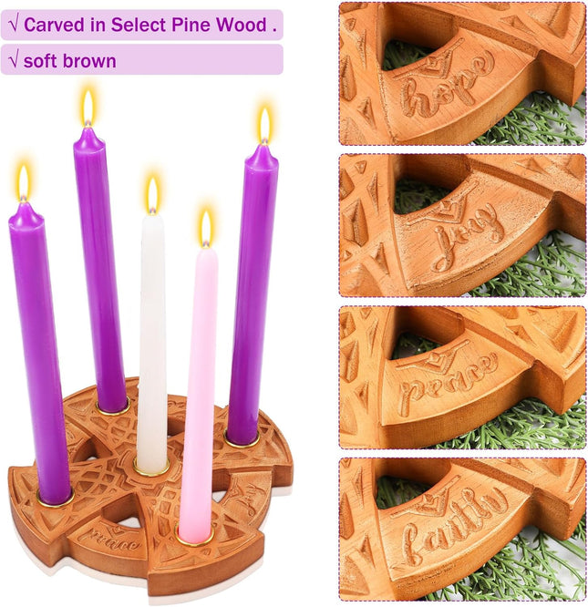 Nitial Advent Candle Holder for Christian Wood Nativity Ring Candle Holder with Metal Celtic Knot for Xmas Candles Centerpiece Decorations Religious