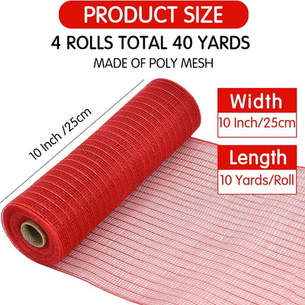 TONIFUL 4 Roll 10 Inch Red Striped Decorative Mesh Ribbon Rolls, Fabric Mesh with Foil for Wreaths Front Door Decor Christmas Festival Party Accessories Party Decoration Supplies (10yds/roll）