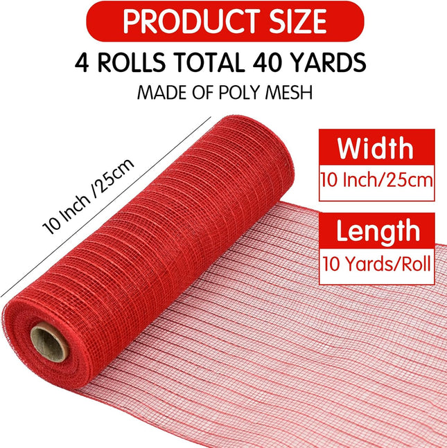 TONIFUL 4 Roll 10 Inch Red Striped Decorative Mesh Ribbon Rolls, Fabric Mesh with Foil for Wreaths Front Door Decor Christmas Festival Party Accessories Party Decoration Supplies (10yds/roll）