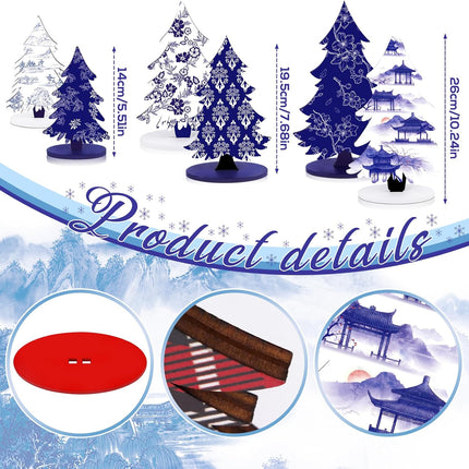 Chinoiserie Wooden Christmas Tree - 6 Pcs Porcelain Wood Christmas Trees, Xmas Blue Centerpieces for Tables, Holiday Tiered Tray Decorations, Wooden Tree Tabletop Decor for Home Office Party