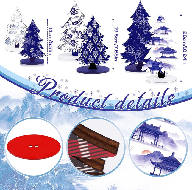 Chinoiserie Wooden Christmas Tree - 6 Pcs Porcelain Wood Christmas Trees, Xmas Blue Centerpieces for Tables, Holiday Tiered Tray Decorations, Wooden Tree Tabletop Decor for Home Office Party