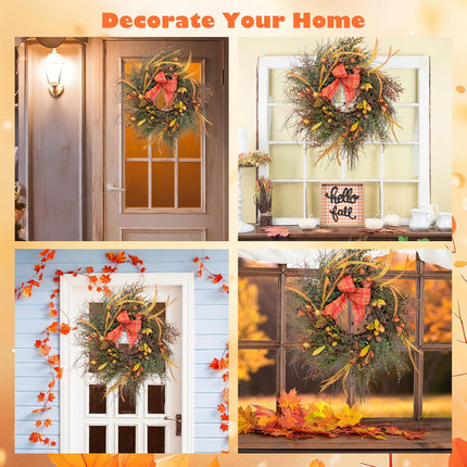 22 Inch Fall Front Door Wreath Mixed Berry Bow Ribbon Wreath Large Harvest Wreath with Pinecone on Grapevine Base for Front Door Farmhouse Wall Window Festival Celebration Christmas Decor
