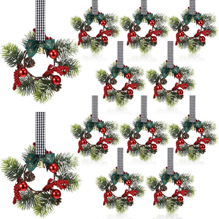 Zeyune 12 Pcs Christmas Kitchen Cabinet Wreaths with Plaid Bow Ribbon Hanging Cabinet Doors Wreaths Decorative for Kitchen Window Outdoor Indoor Holiday Decor, 14.96 x 7.87'' (Simple Style)