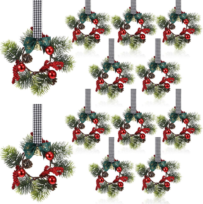 Zeyune 12 Pcs Christmas Kitchen Cabinet Wreaths with Plaid Bow Ribbon Hanging Cabinet Doors Wreaths Decorative for Kitchen Window Outdoor Indoor Holiday Decor, 14.96 x 7.87'' (Simple Style)