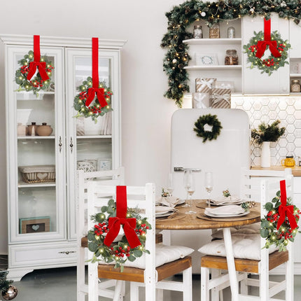 Syhood 2 Pcs 9" Mini Christmas Wreath with Light Red Berry Kitchen Cabinet Wreaths Mini Farmhouse Wreath with Red Velvet Bow for Christmas Porch Wall Window Decor