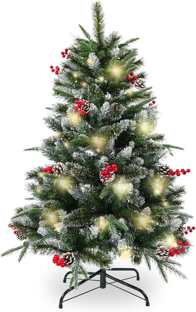 4ft Christmas Tree Prelit 4 feet Christmas Tree with Lights Fluffy 272 PVC PE Pine Needle, 18 Pinecones, 18 Berries, 140 Warm White Lights Bring Holiday Touch Full & Realistic Thin Shinny Snow