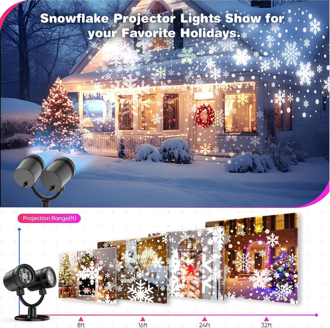 Snowflake Projector Lights Outdoor, 2.0 HD Dynamic Christmas Projector Lights Outdoor, IP65 Waterproof Snow Projection Light for Xmas, Holiday, Wedding, Party, Home, Garden Landscape