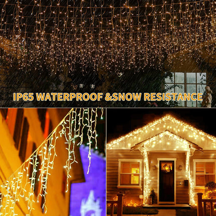 Solar Icicle Lights Outdoor Decorations - 56Ft 506 LED Icicle Christmas Lights Outdoor Waterproof with Remote, 8 Modes Warm Icicle String Lights with 101 Drops for Fireplace Wedding Porch Decor