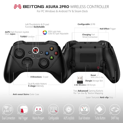 Asura 2 Pro PC Game Controller Wireless Gamepad Hall Effect Trigger Joystick For Windows 7 8 10 11,Android TV,Steam,Tesla,Simulator,with Programmable M Buttons (Black)
