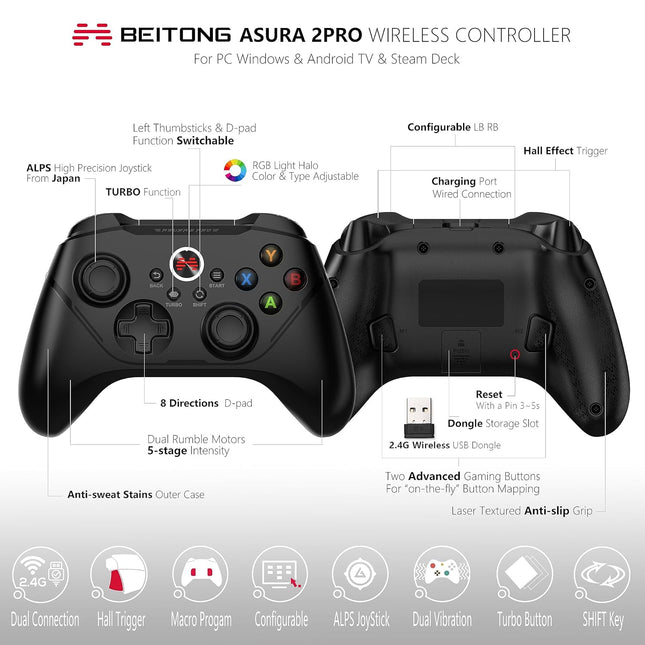 Asura 2 Pro PC Game Controller Wireless Gamepad Hall Effect Trigger Joystick For Windows 7 8 10 11,Android TV,Steam,Tesla,Simulator,with Programmable M Buttons (Black)