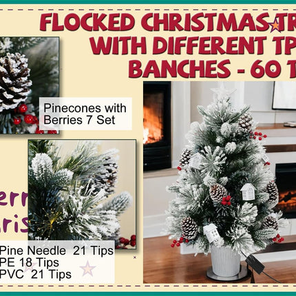 3FT Christmas Tree with 12cm Top Star, Artificial Flocked Fiber Optic Christmas Tree with 60 Mixed Branch Tips & 9White House & 12Red Berry and Big Pinecone String for Indoor Outdoor