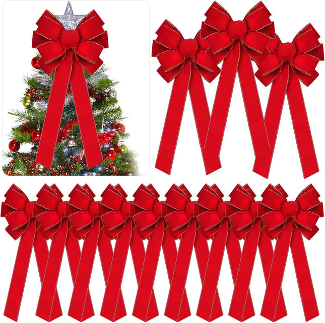 Yinkin 15'' x 44'' Extra Large Christmas Bow Bulk Ribbon Velvet Wreath Bows with Gold Edge Christmas Handmade Tree Topper Ornament for Wrapping,Xmas Outdoor Indoor Home Decor (12 Pcs)