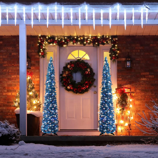 5ft Blue Snowman Christmas Tree, Collapsible Tinsel Artificial Pencil Small Christmas Tree with Lights Decorations for Home Apartment Party Indoor Outdoor Christmas Decorations