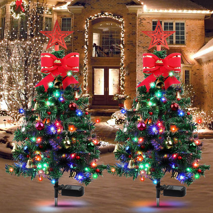 80LED Solar Christmas Tree Lights, 8 Modes Outdoor Christmas Tree Lights with Xmas Ball, Xmas Bell & Red Berry, Solar Powered Christmas Decorations for Outside Pathway Garden Yard Decor, 2PCS