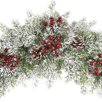 Ileading 25.6inch Artificial Christmas Swag Christmas Door Swag with Pine Needles and Red Berries Snowy Pine Cones Christmas Swag Wreath Mailbox Swag Christmas Decorations for Front Door Window Wall