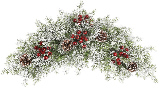 Ileading 25.6inch Artificial Christmas Swag Christmas Door Swag with Pine Needles and Red Berries Snowy Pine Cones Christmas Swag Wreath Mailbox Swag Christmas Decorations for Front Door Window Wall
