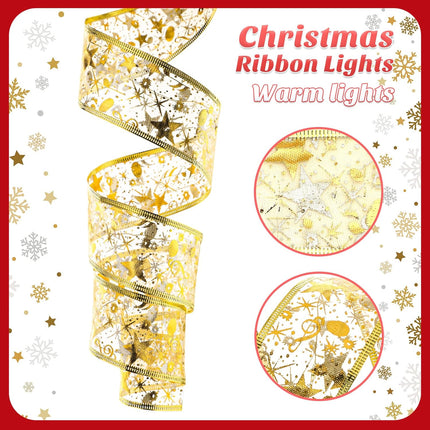 4 Pcs 65.62 ft Christmas Ribbon Fairy Lights Gold Christmas Lights Lighted Ribbon Garland for Christmas Tree Gold Garland Christmas Decorations Indoor Outdoor Party Decorations, Warm White