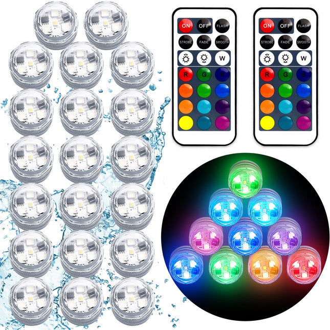 Submersible Led Lights with Remotes, Waterproof Tea Lights Candles Battery Operated RGB Color Changing Small Led Light for Vase Pool Pond Lantern Halloween(20pack)