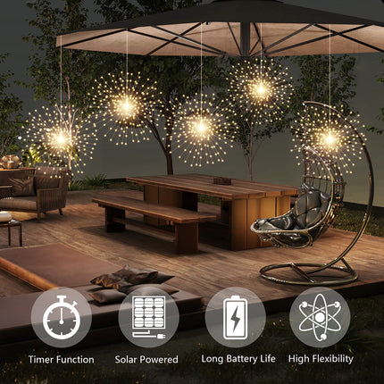 5 Pack Solar Starburst Sphere Lights,200 LED Firework Lights, 8 Modes Dimmable Waterproof Hanging Fairy Light, Copper Wire Lights for Patio Parties Christmas (Warm White)