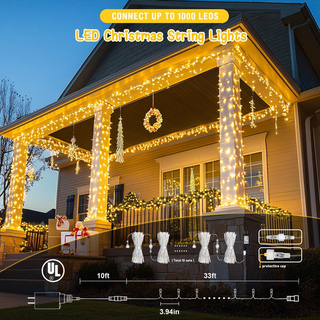 JMEXSUSS 2 Pack 100 LED Warm White Christmas Lights Outdoor, 33ft Connectable Christmas Tree Lights Plug in, 8 Modes Clear Wire Christmas String Lights for Christmas Tree Indoor Xmas Party Decorations