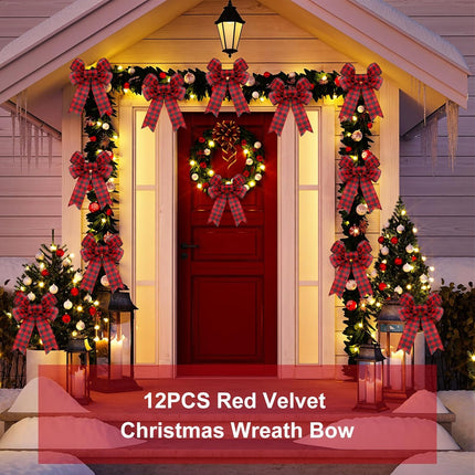 12 Pack Christmas Wreath Bow Buffalo Plaid Bows, Red and Black Christmas Tree Bows Xmas Bows Decoration for Indoor and Outdoor, (8 x 10 Inches)