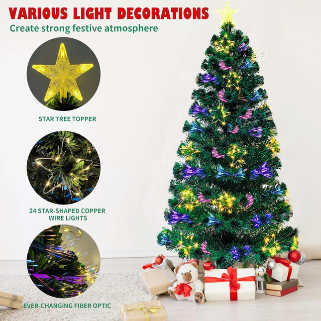 5Ft Fiber Optic Artificial Christmas Tree with Lighted Copper Wire Stars and Tree Topper, Pre-lit Christmas Tree for Holiday Home Office Decor with Foldable Base