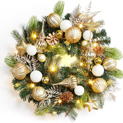 GAOMON Christmas Wreath for Front Door, 24 Inch Outdoor Christmas Wreath, Battery Operated Xmas Wreath with Gold White Ball Ornaments Pine Cones and 20 LED Lights for Home Holiday Decor