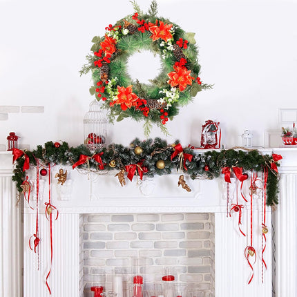 QBA 20 Inch Christmas Wreath for Front Door, Handmade Artificial Wreath with Red Poinsettias Pine Cones Berry Pine Needles for Fireplace Windows Staircase Wall Indoor Outdoor Xmas Decor
