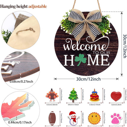 Interchangeable Welcome Sign Wreaths for Front Door - Seasonal Round Wood Door Sign, Farmhouse, Porch Wall Outdoor Hanging for Thanksgiving, Halloween, Christmas，Fall Home Housewarming Ideas